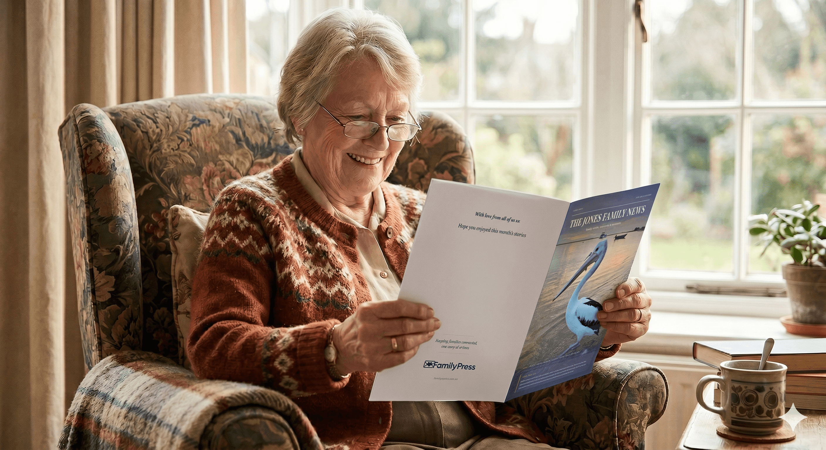 Grandmother sitting in armchair reading her Family Press newsletter