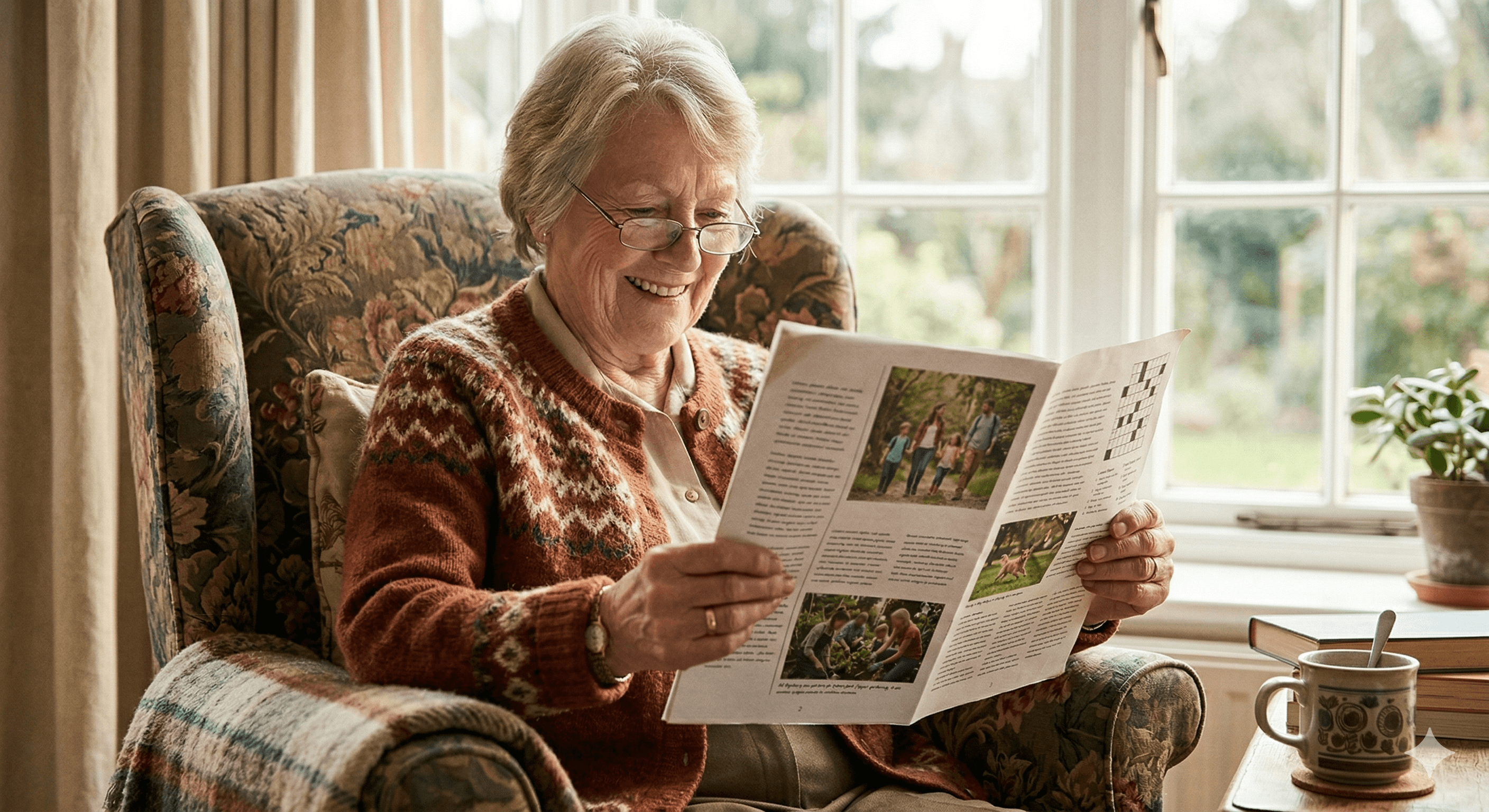 Grandmother sitting in armchair reading her Family Press newsletter