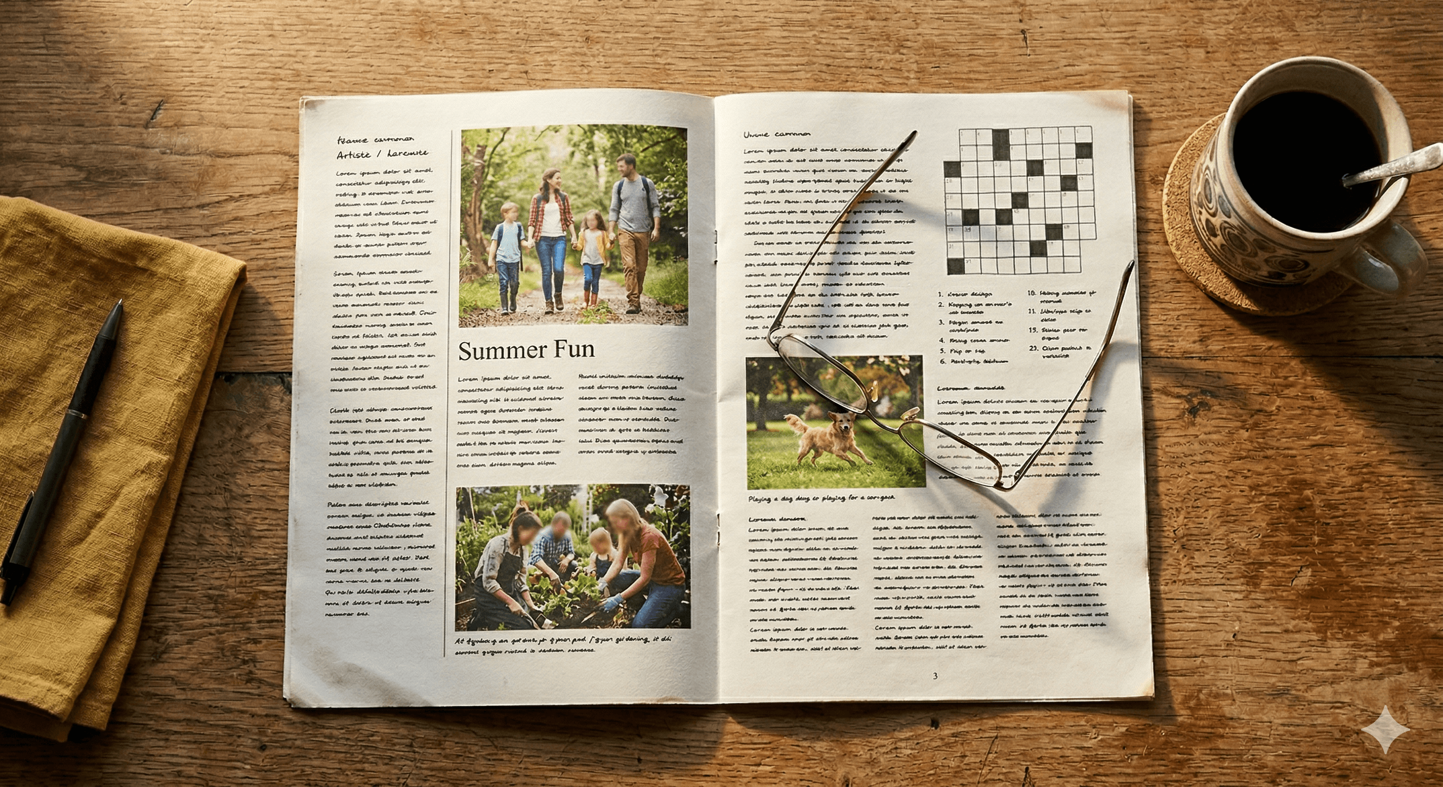 Family Press newsletter open on a coffee table